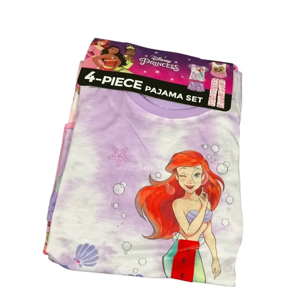 Disney Girls Little Mermaid Princess PJ Pajamas 4 piece Set Size 6 NWT